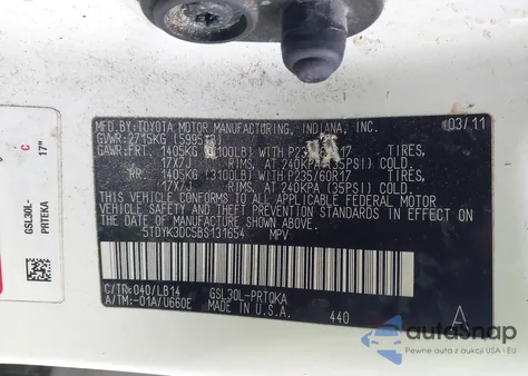 2011 Toyota Sienna Xle V6 z USA, uszkodzony, nr VIN 5TDYK3DC5BS131654